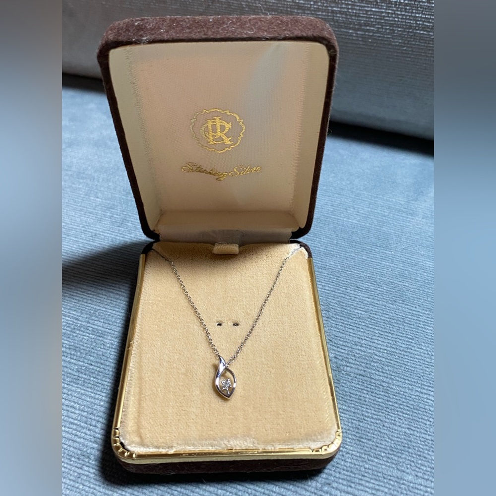 CJR Sterling, silver chain vintage pendant with diamond or CZ. Original box. 8”